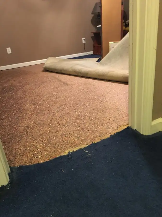 Carpet pad removal revealing water damage during Drying & Dehumidification in Rancho Mission Viejo